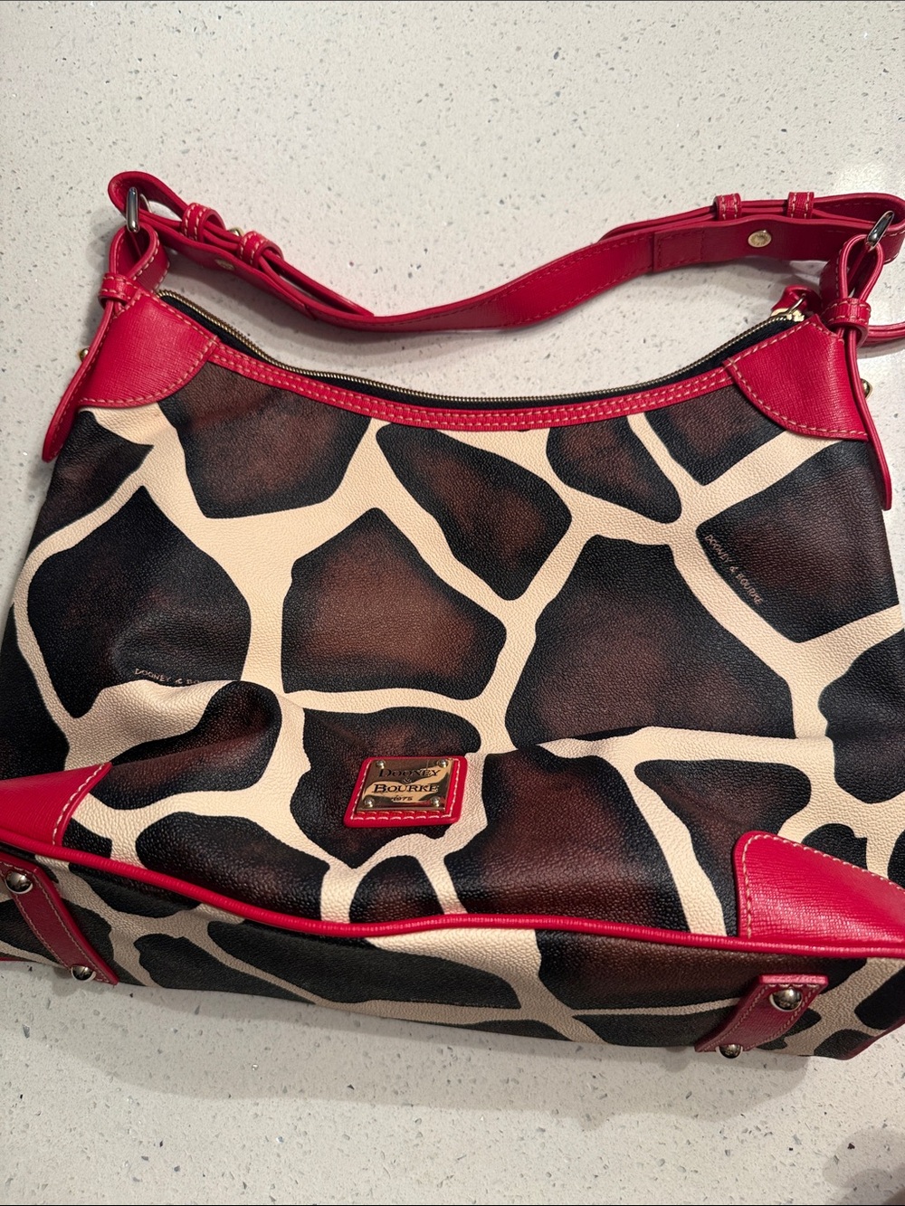 Dooney & Bourke Giraffe Print Shoulder Bag with Red Trim